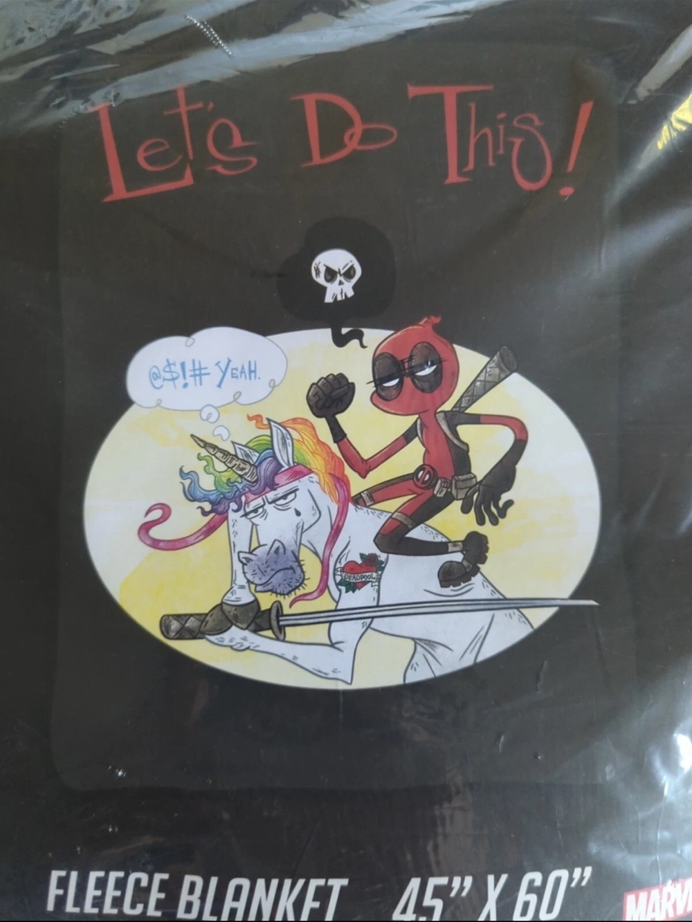 Marvel Deadpool Black Fleece Blanket with Colorful Unicorn Graphic